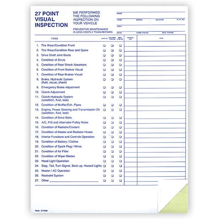 Asp 27 Point Inspection, 8 1/2 X 11, 2-Part, Form No 27-Point, 100 Per Pk Pk 7297